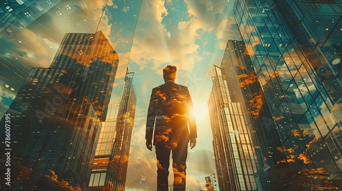 Double exposure portrait of young corporate man standing in office at night with blurred city with skyscraprs and bokeh photo