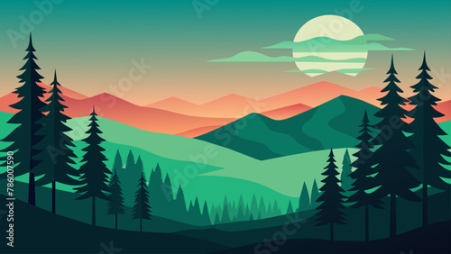 Mountains and forest landscape silhouettes, vector nature horizontal background. © graphicfest_x