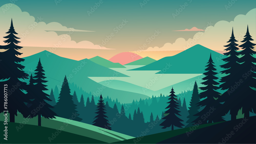 Fototapeta premium Mountains and forest landscape silhouettes, vector nature horizontal background.