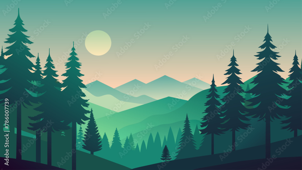 Fototapeta premium Mountains and forest landscape silhouettes, vector nature horizontal background.