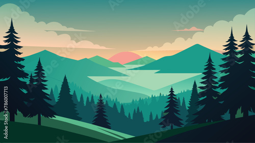 Mountains and forest landscape silhouettes  vector nature horizontal background.
