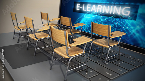 Student chairs standing on laptop computer. 3D illustration