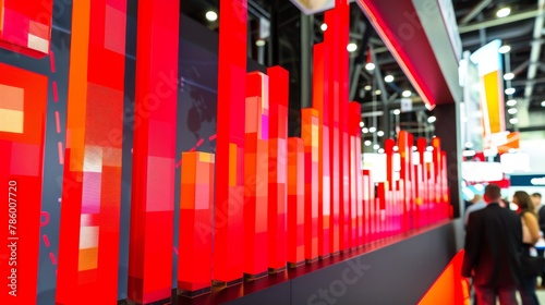 Photographs an interactive display at a trade show, featuring bar charts in bold reds that track realtime audience engagement, creating a lively and dynamic visual impact