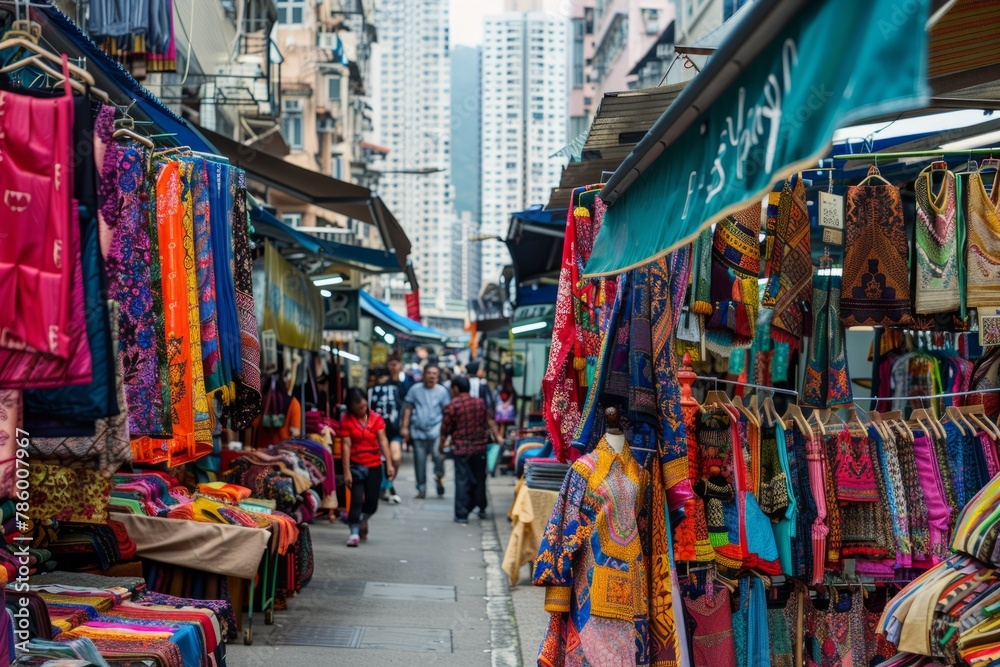 A bustling textile market with bolts of colorful fabrics, intricate embroideries, and handmade garments on display, surrounded by towering skyscrapers, Generative AI