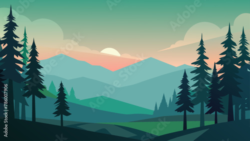 Mountains and forest landscape silhouettes, vector nature horizontal background. © graphicfest_x