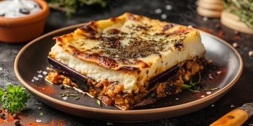 A Greek cuisine classic, homemade Moussaka served on a ceramic plate with herbs around, ready for a delightful meal