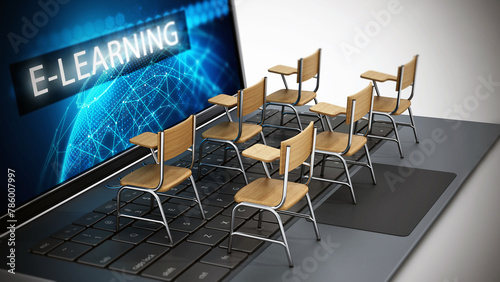 Student chairs standing on laptop computer. 3D illustration