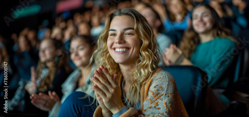 A woman with blonde hair is smiling and clapping in a crowd of people