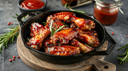 Baked chicken wings in pan on wooden table. Top view