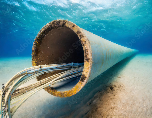 A large uncompleted old pipe with undersea internet cables lies motionless on top of the sandy ocean floor photo