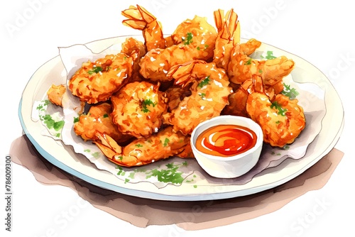 Fried prawns with sauce on plate. Vector illustration.