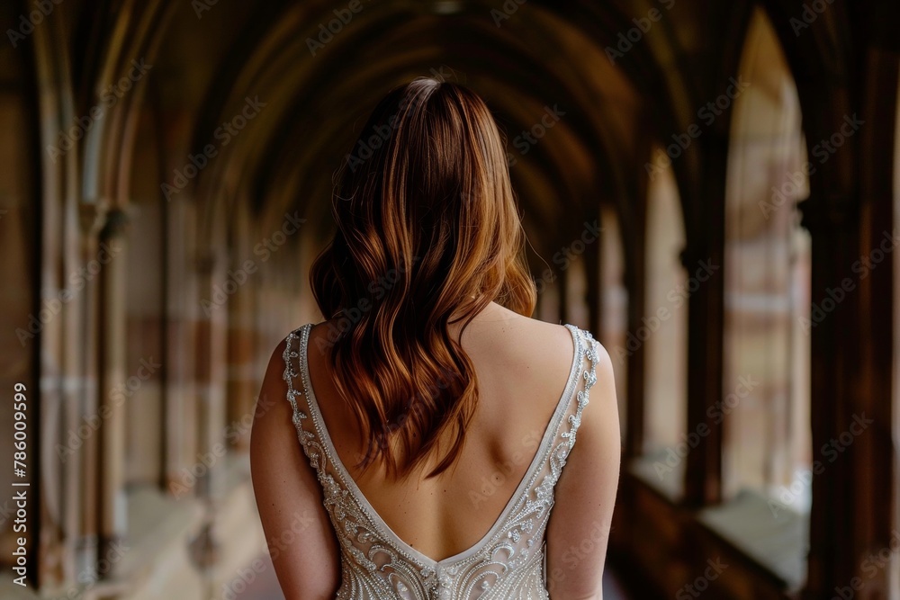 Blonde woman in elegant white dress in the captivating ambiance of a magnificent cathedral Blonde woman in elegant white dress in the captivating ambiance of a magnificent cathedral