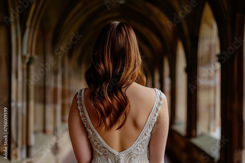 Blonde woman in elegant white dress in the captivating ambiance of a magnificent cathedral © Andrei