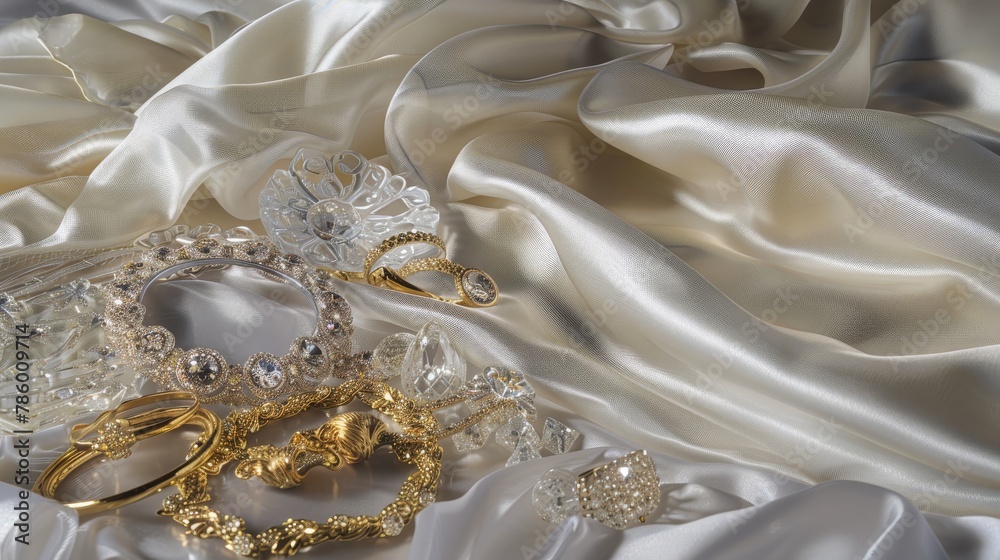 Creates a luxurious setting with elegant gold jewelry placed among fine crystal and silk, emphasizing the gleaming golds and the opulence they represent Creates a luxurious setting with elegant gold jewelry placed among fine crystal and silk, emphasizing the gleaming golds and the opulence they represent
