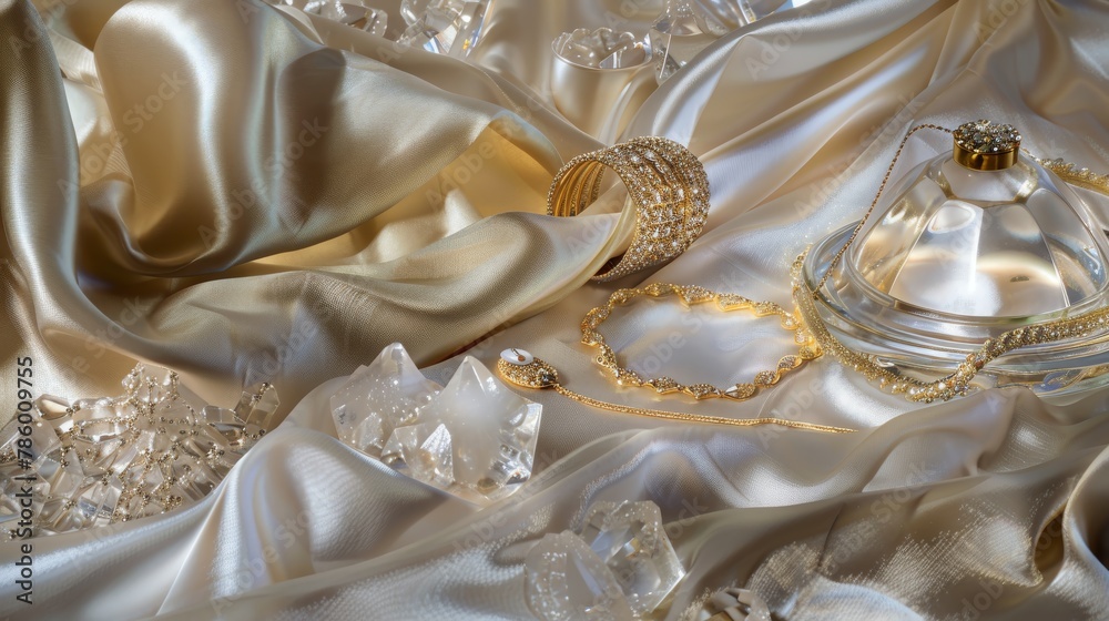 Creates a luxurious setting with elegant gold jewelry placed among fine crystal and silk, emphasizing the gleaming golds and the opulence they represent Creates a luxurious setting with elegant gold jewelry placed among fine crystal and silk, emphasizing the gleaming golds and the opulence they represent
