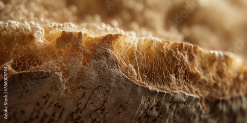A close-up shot highlighting the unique, bubbly texture of a freshly baked bread, illustrating the porosity and warmth of baked goods