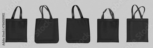 Black tote bags set isolated on transparent background. Vector realistic illustration of fabric shopper mockup with blank space for corporate branding, cotton ecobag for shopping, fashion accessory