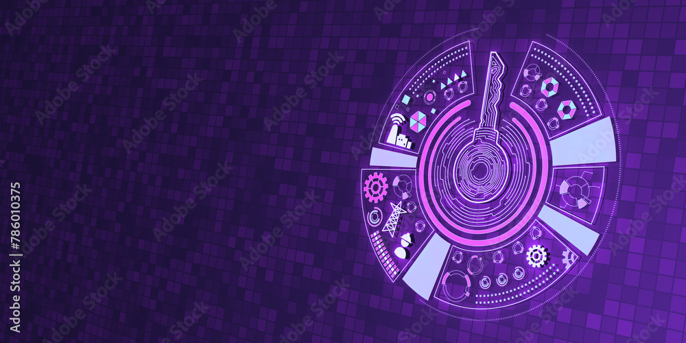 Creative round digital key hologram on purple tech background with mock up place. Concept of cyber security or private key, abstract digital key with technology interface. 3D Rendering. - obrazy, fototapety, plakaty 