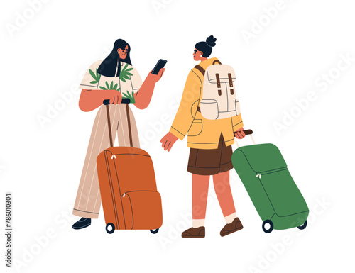 Tourists with luggage, phone. Women passengers standing with suitcases, backpack, travel bags. Happy girls with baggage for journey, holiday trip. Flat vector illustration isolated on white background