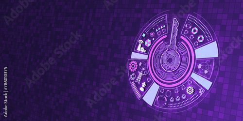 Creative round digital key hologram on purple tech background with mock up place. Concept of cyber security or private key, abstract digital key with technology interface. 3D Rendering.