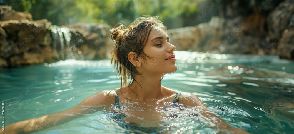 A woman is swimming in a pool and smiling A woman is swimming in a pool and smiling