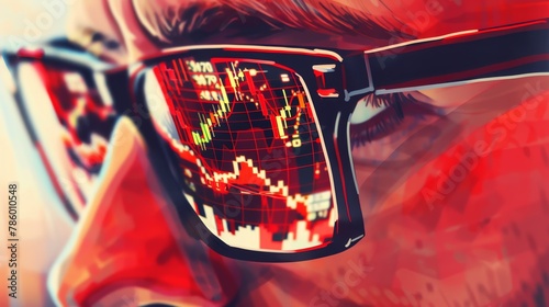 Captures the reflection of a chaotic stock chart in the glasses of a trader, the vibrant reds highlighting the intensity and focus required in stock trading