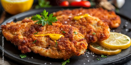 Appetizing image of a crispy breaded chicken cutlet drizzled with mustard, served with lemon on a black plate