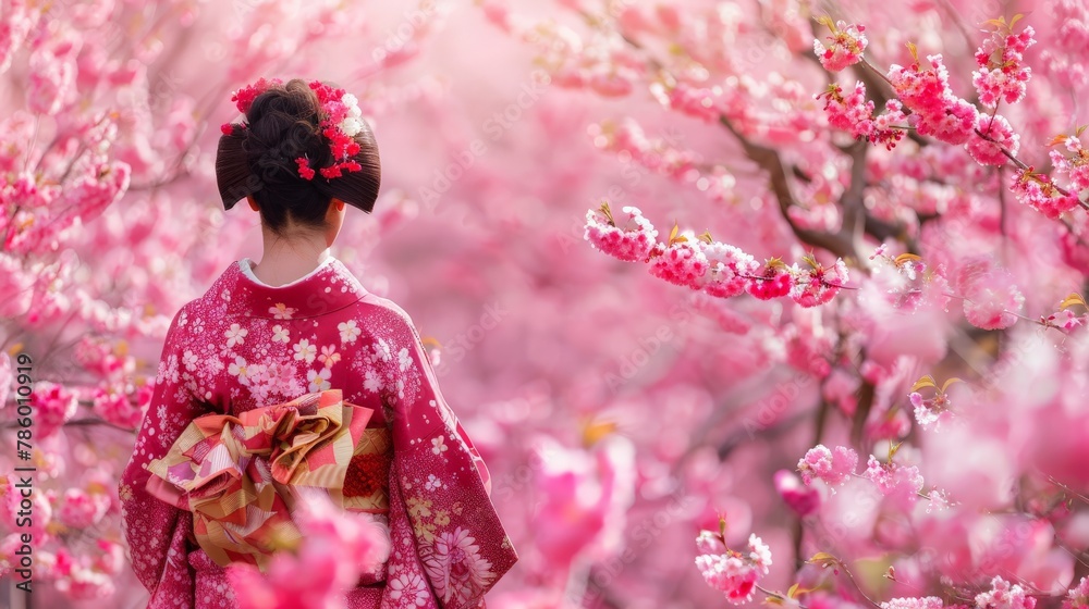 Captivating image of a woman wearing a kimono amidst a sea of cherry blossoms Captivating image of a woman wearing a kimono amidst a sea of cherry blossoms