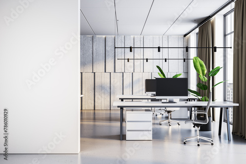 Modern minimalist office interior with open space, sleek furniture, and natural light. 3D Rendering © Who is Danny