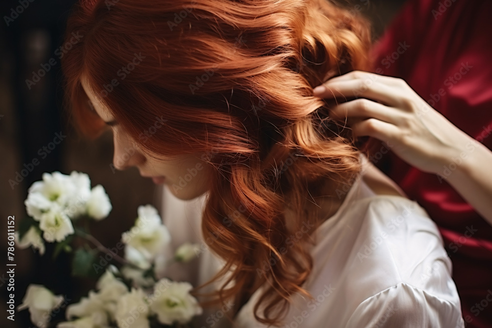 Obraz premium Hairstylist arranging bridal hairstyle