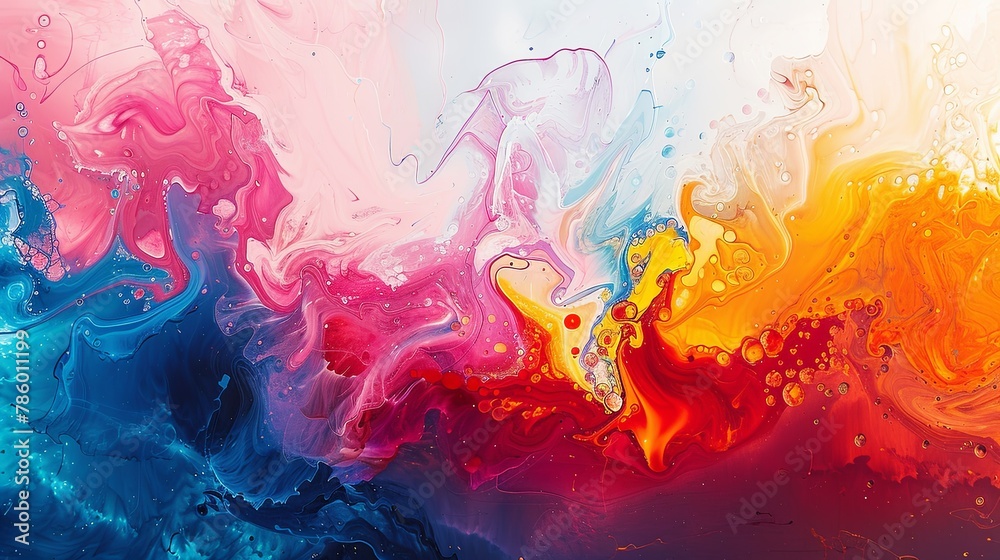 An abstract background with smooth, flowing color waves in red, blue, and purple hues.