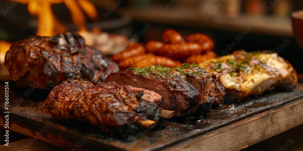 Sumptuous image of succulent grilled steaks with perfect sear marks, accompanied by roasted vegetables on a flaming barbecue grill
