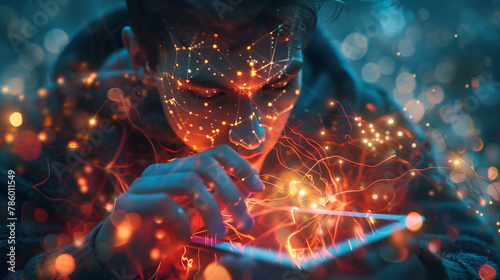 A person immersed in tablet use, surrounded by a tangle of glowing cables, depicts internet addiction photo