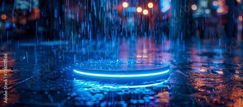 Rainy night scene with neon platform and city lights