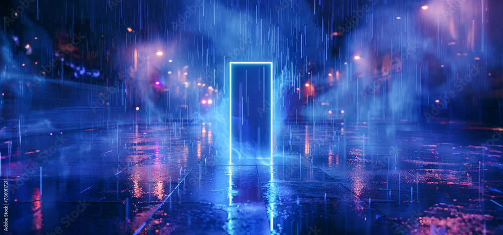 Rainy night scene with neon platform and city lights