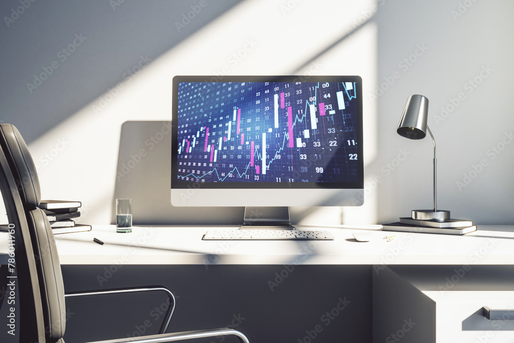Abstract creative financial graph on modern laptop monitor, forex and investment concept. 3D Rendering Abstract creative financial graph on modern laptop monitor, forex and investment concept. 3D Rendering