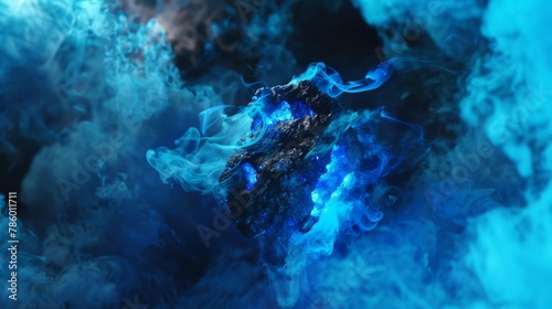 Captures the carbon chunk surrounded by electric blue smoke or fog, adding a layer of mystery and vibrant energy to its elemental purity photo