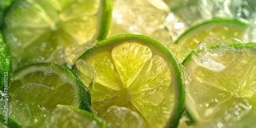 Macro image capturing the details and freshness of sliced lime with ice, embodying the concept of freshness and zest