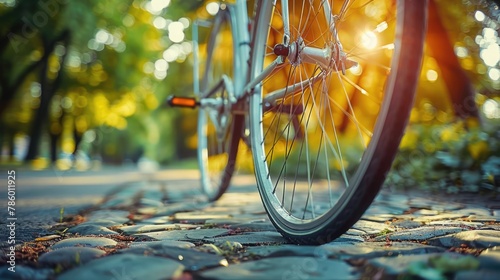 Detailed view of a bicycle wheel, emphasizing the spokes and rim, with a city park in the blurred background promoting sustainable urban transport photo