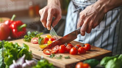 close-up of a chef cutting vegetables for a salad