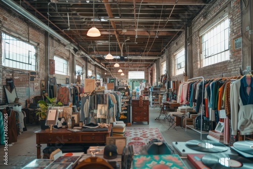 A vintage market in an old warehouse, with vendors selling retro clothing, vinyl records, and mid-century furniture, amidst exposed brick walls and industrial chic decor, Generative AI photo