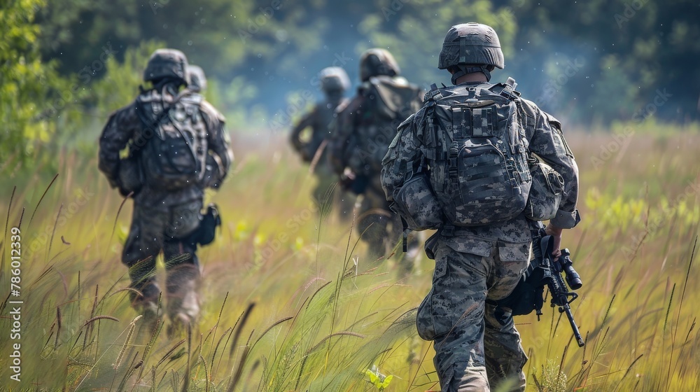 Combat unit advancing through waist-high grass in open field