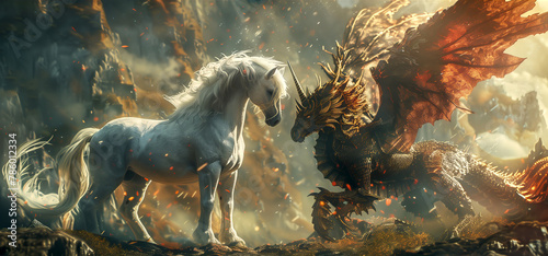A mystical unicorn encountering a mythical creature like Horse dragon with cinematic lighting background