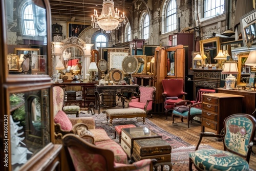 An antique market filled with treasures from the past, including vintage furniture, retro clothing, and rare collectibles, set within a historic building with ornate details, Generative AI