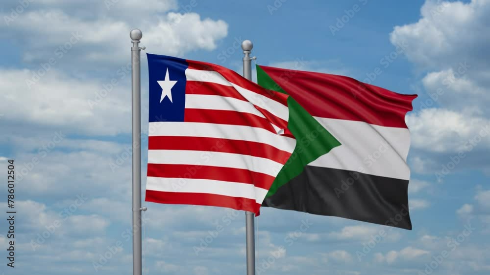 Sudan and Liberia two flags waving together, looped video, two country cooperation concept Sudan and Liberia two flags waving together, looped video, two country cooperation concept