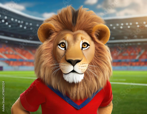 Lion in a red t-shirt on the background of a large football stadium.  photo