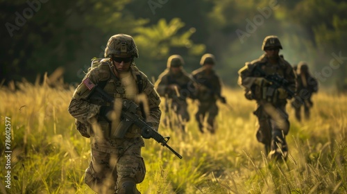 Combat unit advancing through waist-high grass in open field