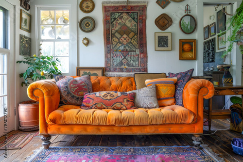 Eclectic living room with vintage decor and orange sofa