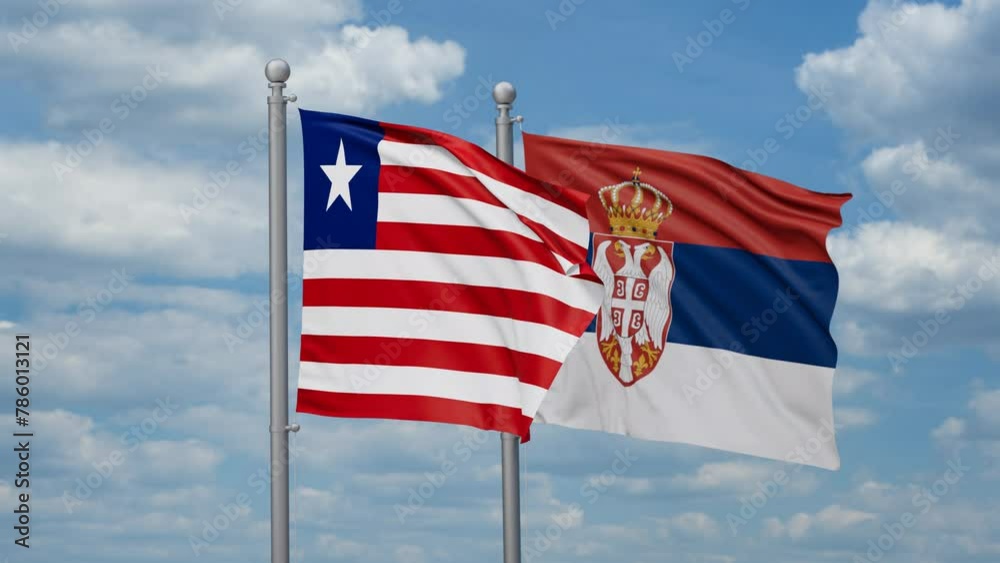 Republic of Serbia and Liberia two flags waving together, looped video, two country cooperation concept Republic of Serbia and Liberia two flags waving together, looped video, two country cooperation concept