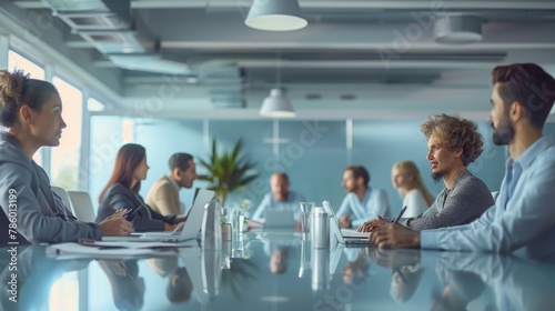 a group of people are sitting around a conference table having a meeting photo